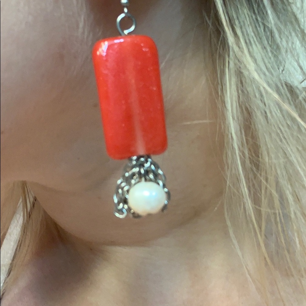 Orange pearl and silver dangle earrings